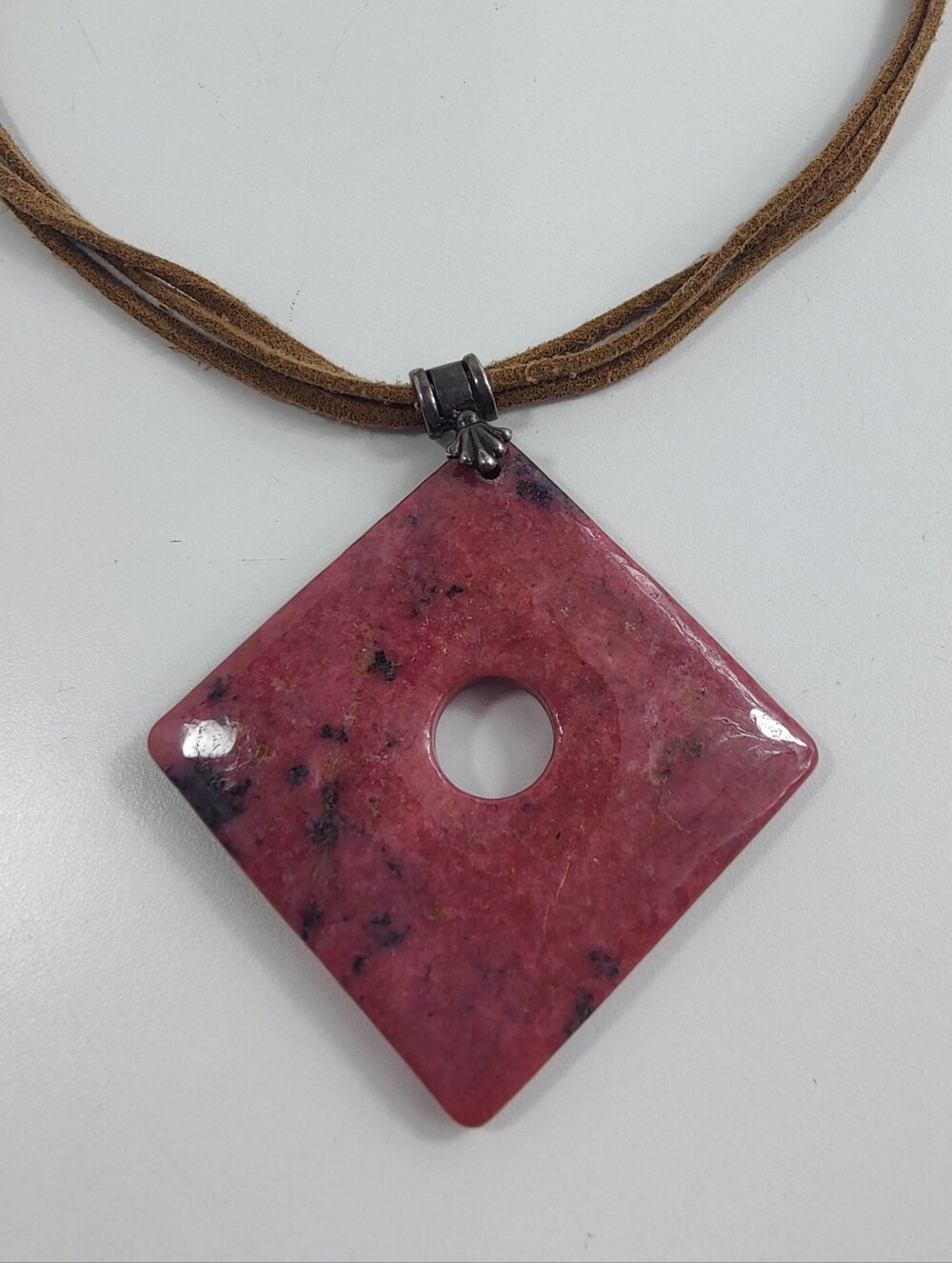 Pink Rhodonite Stone Pendant Necklace 925 Sterling Silver Suede Cord Boho